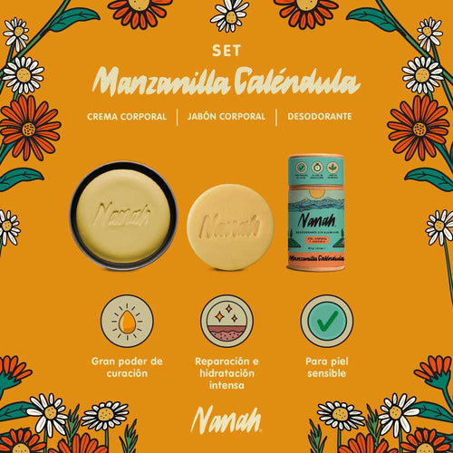 Set Manzanilla y Caléndula I Jabón-Crema-Desodorante | Calma y Reparación | Ideal para Piel Sensible y con Tatuajes